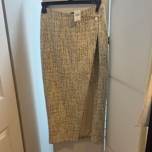 Textured Beige Tweed Midi Skirt with Front Slit
